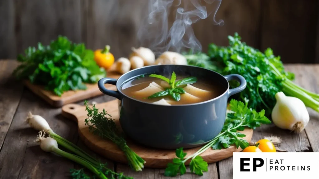 A steaming pot of bone broth surrounded by fresh herbs and vegetables on a rustic wooden table