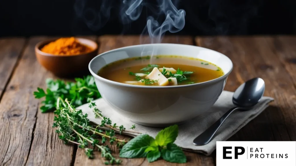 A steaming bowl of bone broth soup surrounded by fresh herbs and spices on a rustic wooden table