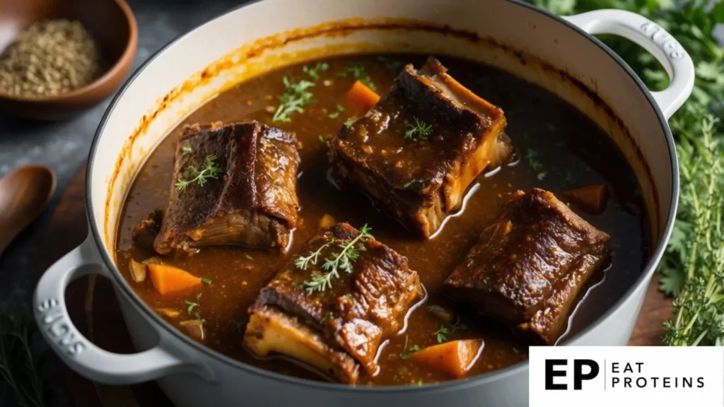 A pot of succulent braised short ribs simmering in rich, savory sauce, surrounded by aromatic herbs and spices