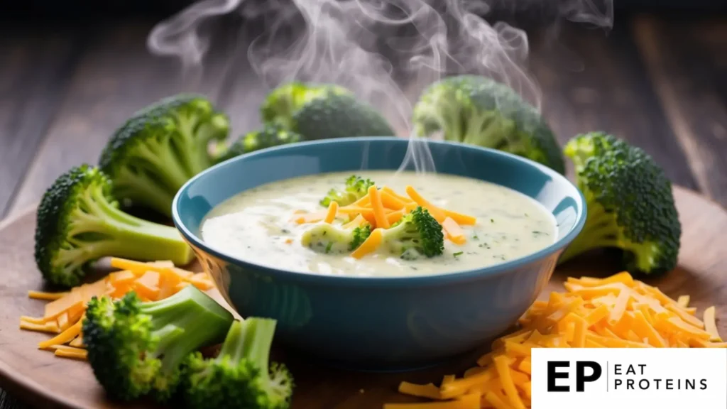 A steaming bowl of creamy broccoli and cheddar soup surrounded by fresh broccoli florets and a sprinkle of shredded cheddar cheese