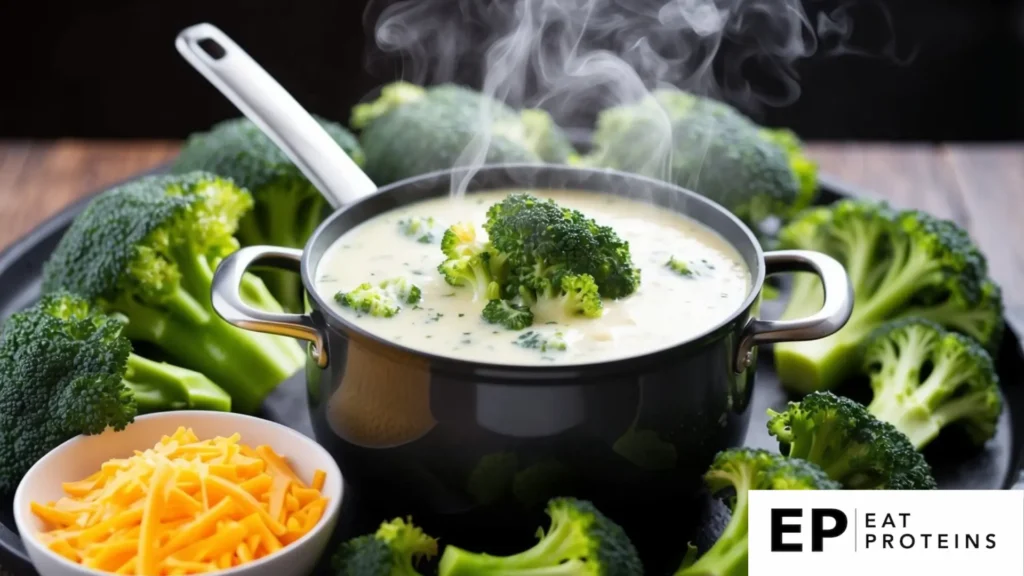 A steaming pot of broccoli cheese soup surrounded by fresh broccoli florets and a bowl of shredded cheese