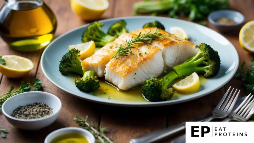 A plate of broiled cod with steamed broccoli, surrounded by various ingredients like olive oil, lemon, and herbs, on a wooden table