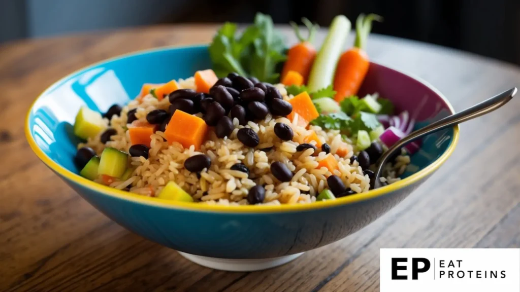 A colorful bowl filled with brown rice, black beans, and assorted vegetables, set on a wooden table