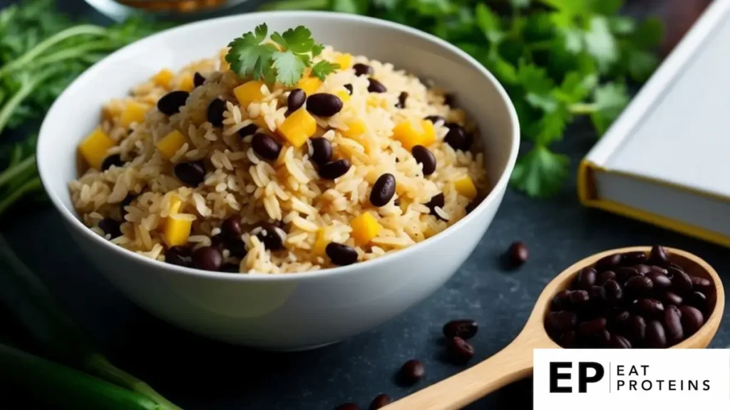 A bowl of brown rice and black beans surrounded by fresh ingredients 