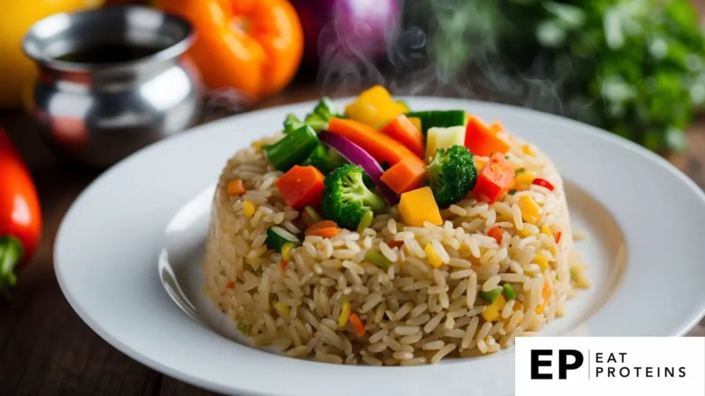 A colorful bowl filled with steamed brown rice and an assortment of vibrant vegetables, arranged in an appealing and appetizing manner