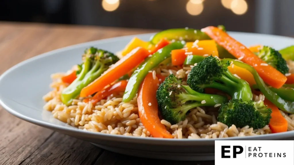 A colorful array of fresh vegetables and cooked brown rice in a plate, emitting aromatic steam