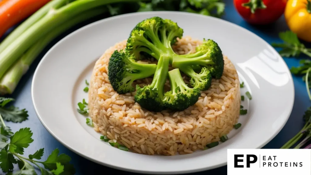 A plate of brown rice topped with steamed broccoli, surrounded by colorful vegetables and herbs