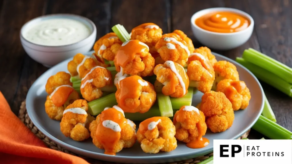 Crispy cauliflower bites coated in tangy buffalo sauce, arranged on a serving platter with celery sticks and a side of creamy ranch dressing