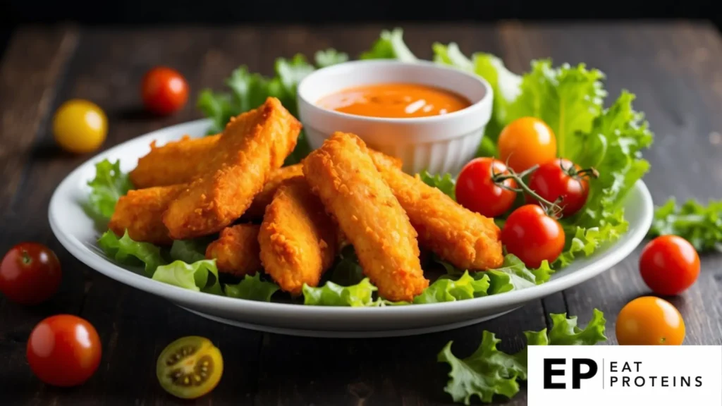 A platter of golden-brown buffalo keto chicken tenders with a side of dipping sauce, surrounded by fresh green lettuce and colorful cherry tomatoes