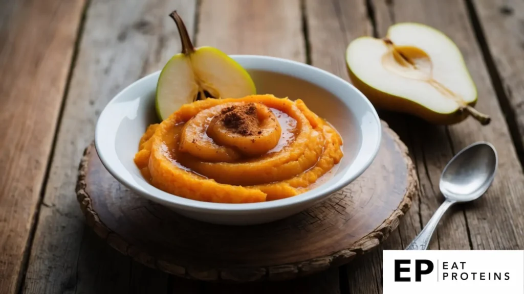 A rustic wooden table with a bowl of creamy butternut squash and pear puree, garnished with a sprinkle of cinnamon and a slice of pear