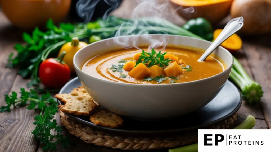 A steaming bowl of butternut squash soup surrounded by colorful vegetables and herbs on a rustic wooden table