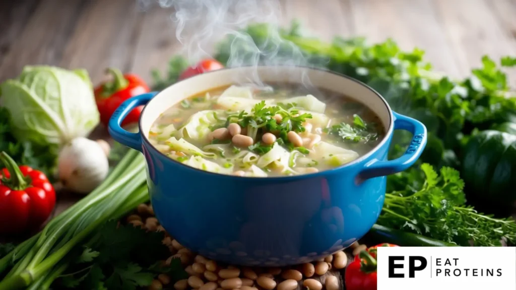 A steaming pot of cabbage and bean soup surrounded by fresh vegetables and herbs