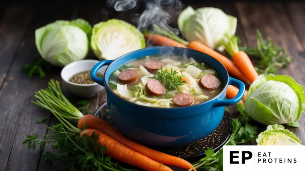 A steaming pot of cabbage and sausage soup surrounded by fresh cabbage, carrots, and herbs