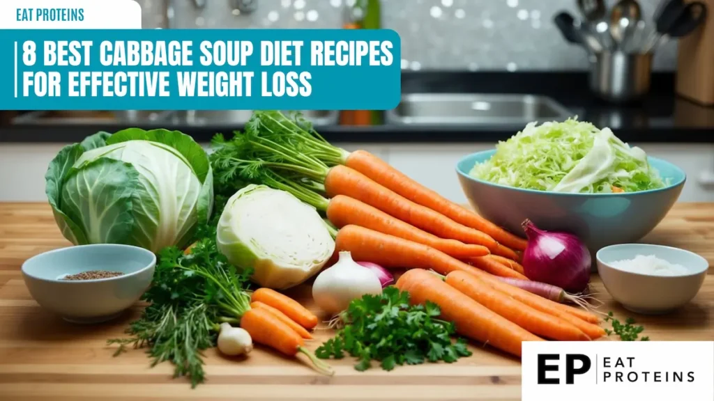 A colorful array of fresh cabbage, carrots, onions, and herbs arranged on a kitchen counter, alongside bowls and utensils for preparing soup