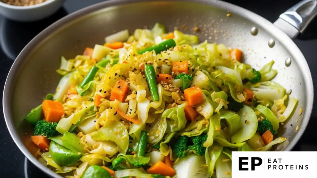 A sizzling pan of colorful cabbage stir-fry with assorted vegetables and seasonings