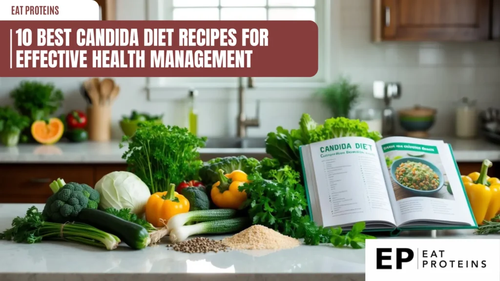 A kitchen counter with a variety of fresh vegetables, herbs, and non-starchy grains, alongside a cookbook open to a page of candida diet recipes