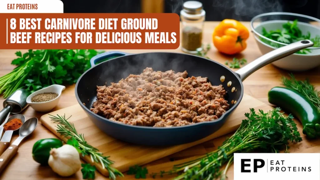 A sizzling skillet of ground beef surrounded by fresh herbs, spices, and various cooking utensils on a wooden kitchen countertop