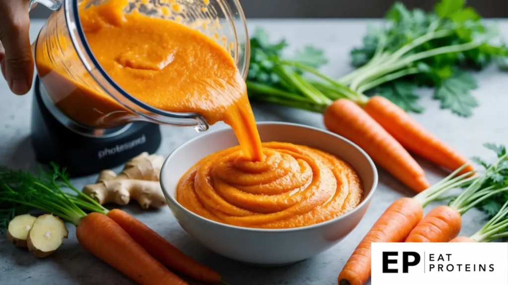 A vibrant orange carrot and ginger puree being poured into a bowl from a blender, surrounded by fresh carrots and ginger root