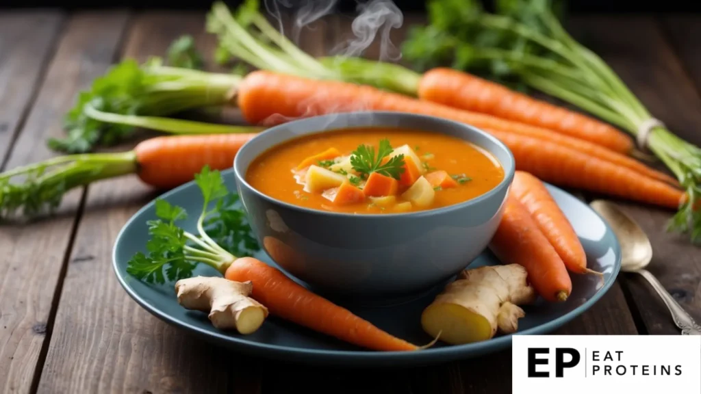 A steaming bowl of carrot and ginger soup surrounded by fresh carrots and ginger root, with a warm, comforting atmosphere