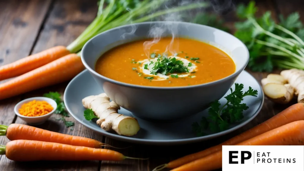 A steaming bowl of carrot ginger soup surrounded by fresh carrots and ginger root, with a sprinkle of herbs on top