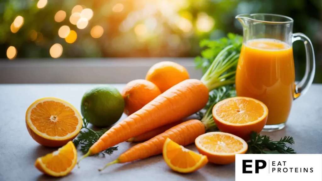 A vibrant orange carrot surrounded by zesty citrus fruits and a pitcher of fresh juice