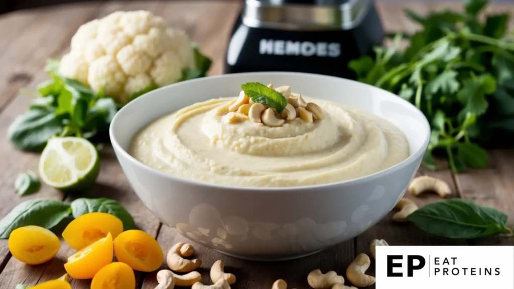 A bowl of creamy cauliflower and cashew puree surrounded by fresh ingredients and a blender