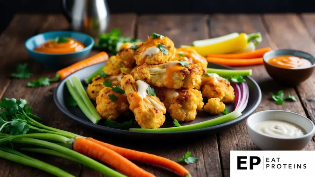 A platter of cauliflower buffalo wings surrounded by colorful vegetables and a side of dipping sauce on a rustic wooden table