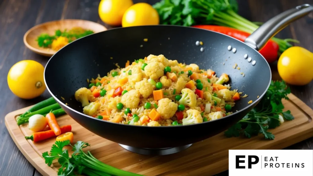 A sizzling wok filled with colorful cauliflower fried rice surrounded by fresh vegetables and seasonings on a wooden cutting board