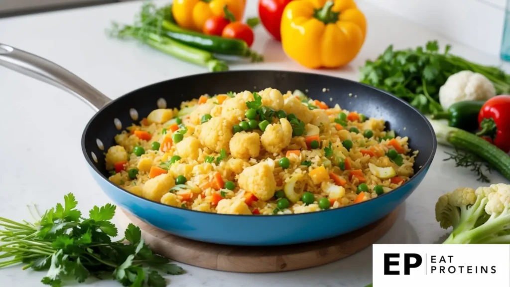 A sizzling pan of cauliflower fried rice surrounded by colorful vegetables and herbs on a clean, modern kitchen counter