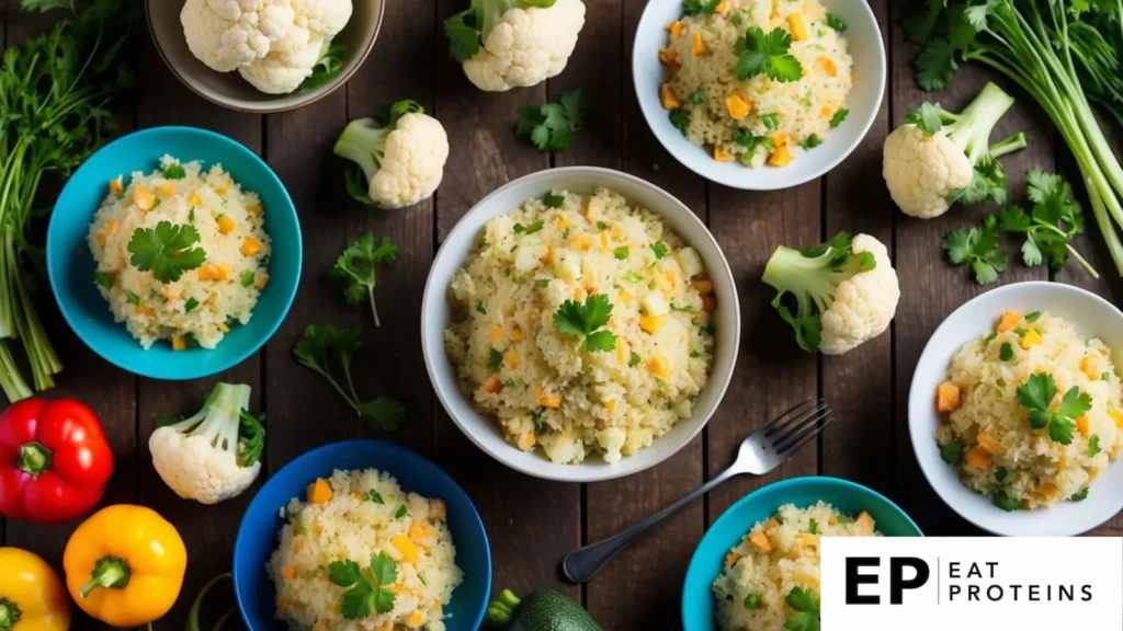 A colorful array of cauliflower rice dishes arranged on a rustic wooden table, surrounded by fresh vegetables and herbs