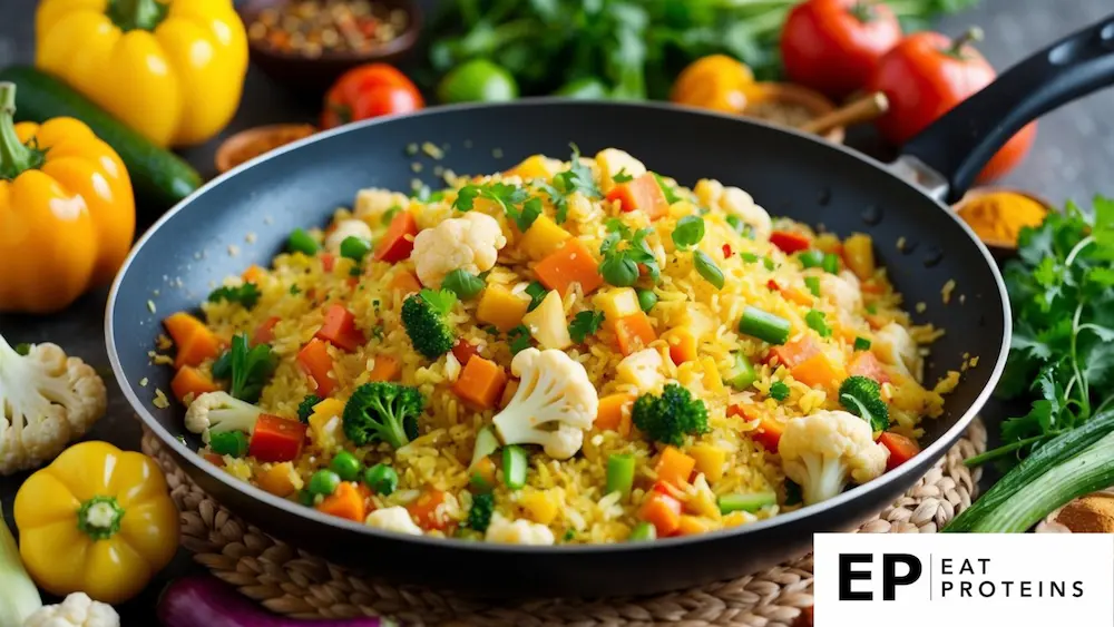 A sizzling pan of colorful vegetables and cauliflower rice stir-fry, surrounded by fresh ingredients and a vibrant array of spices