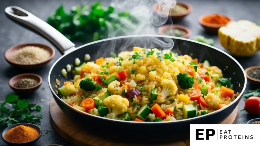 A sizzling skillet filled with colorful vegetables and cauliflower rice, steam rising, surrounded by various spices and herbs