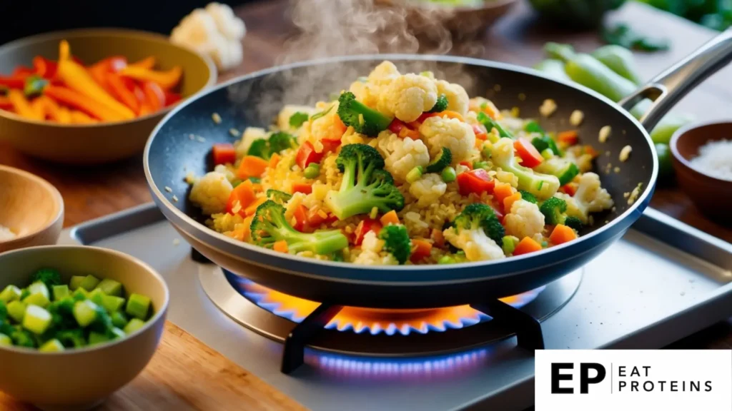 A sizzling pan with colorful vegetables and cauliflower rice being stir-fried