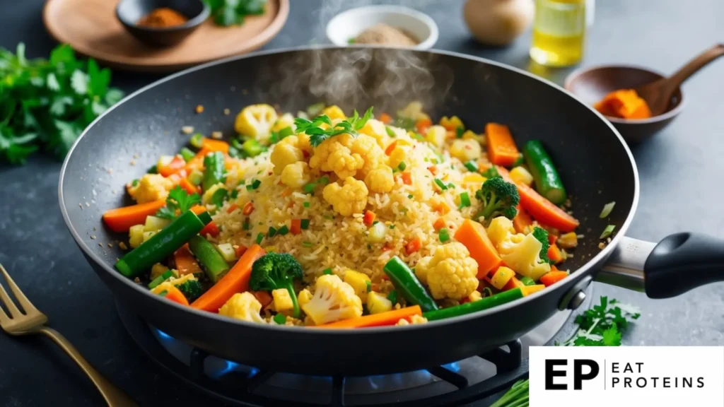 A sizzling pan of colorful vegetables and cauliflower rice being stir-fried with aromatic spices and herbs