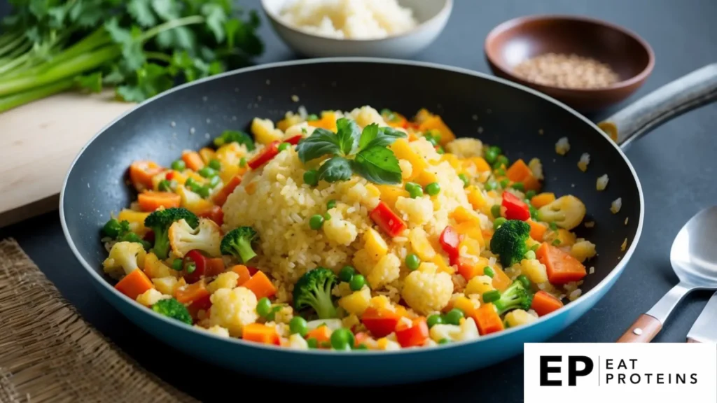 A sizzling pan of colorful vegetables and cauliflower rice stir-fry