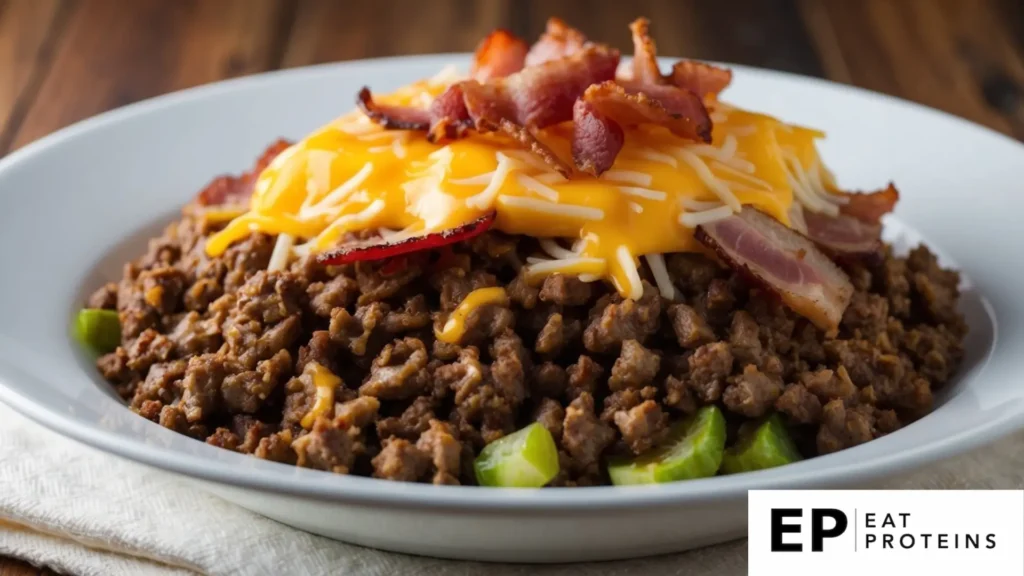 A sizzling skillet holds cheesy bacon burger bowls with ground beef, melted cheese, crispy bacon, and savory seasonings