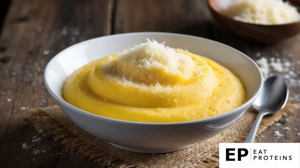 A bowl of creamy, golden polenta topped with a generous sprinkling of grated cheese, served on a rustic wooden table