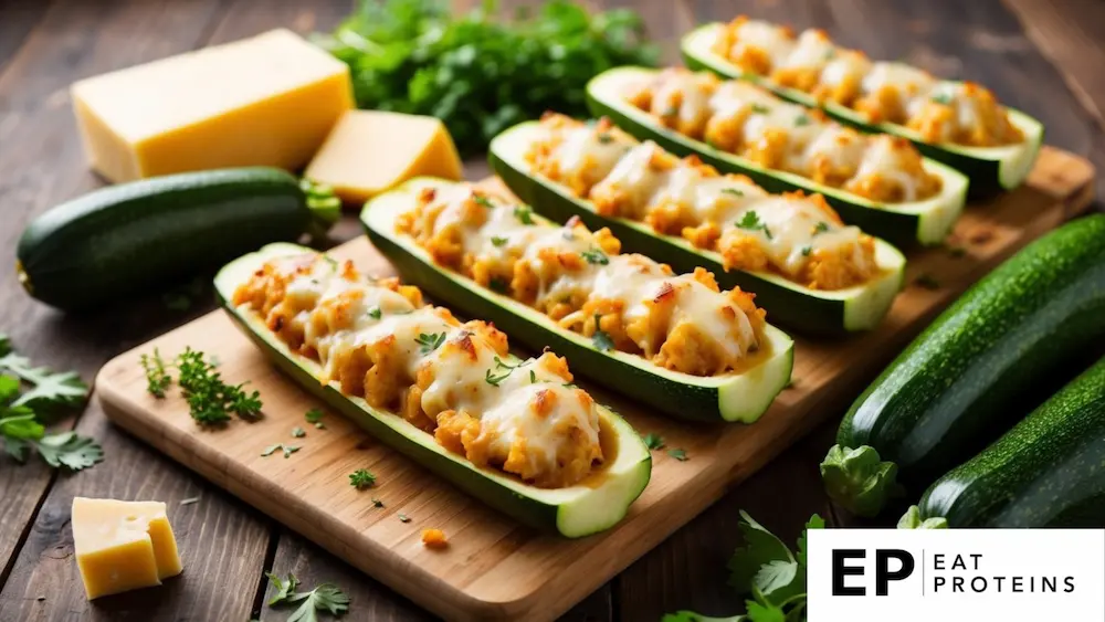 A wooden table with 10 zucchini boats filled with cheesy mixture, surrounded by ingredients like cheese, zucchinis, and herbs