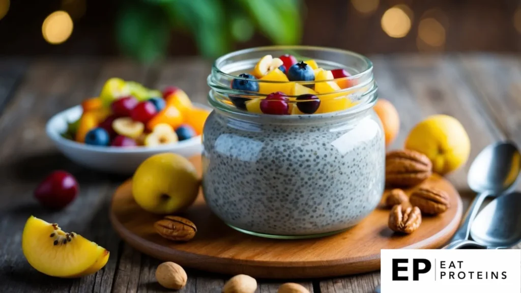 A glass jar filled with chia seed pudding surrounded by colorful fruits and nuts on a wooden table