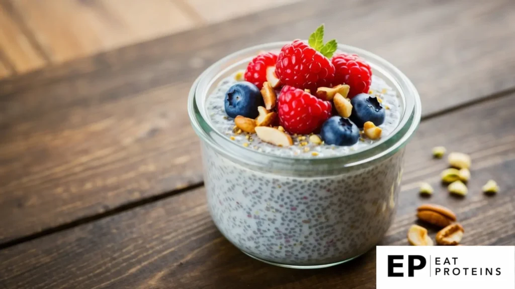 A glass jar filled with chia seed pudding topped with fresh berries and a sprinkle of nuts, set on a wooden table