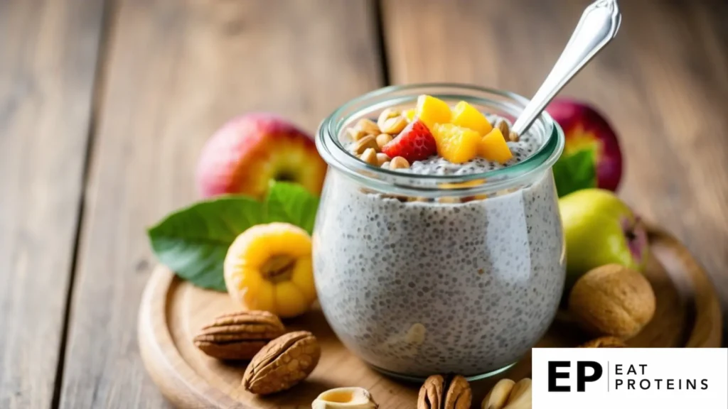 A glass jar filled with chia seed pudding surrounded by fresh fruits and nuts on a wooden table