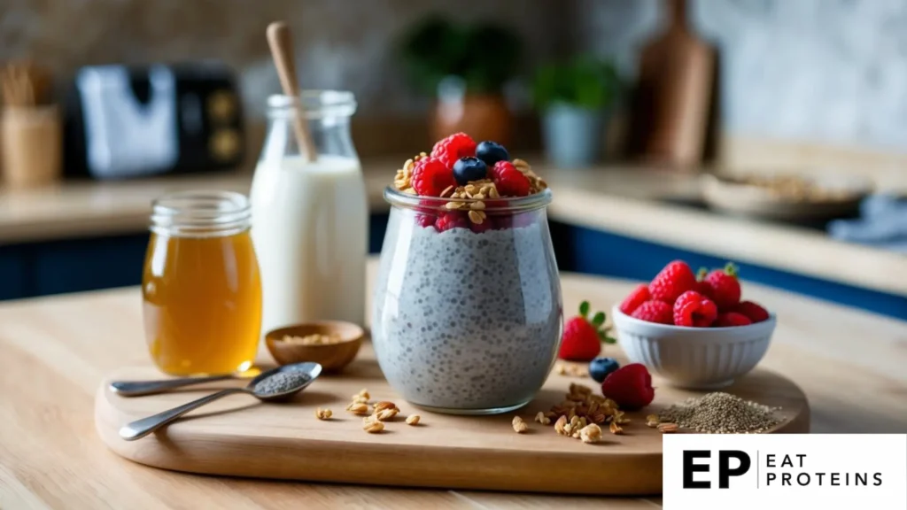 A glass jar filled with chia seed pudding topped with fresh berries and a sprinkle of granola, surrounded by ingredients like almond milk, chia seeds, and honey on a kitchen counter