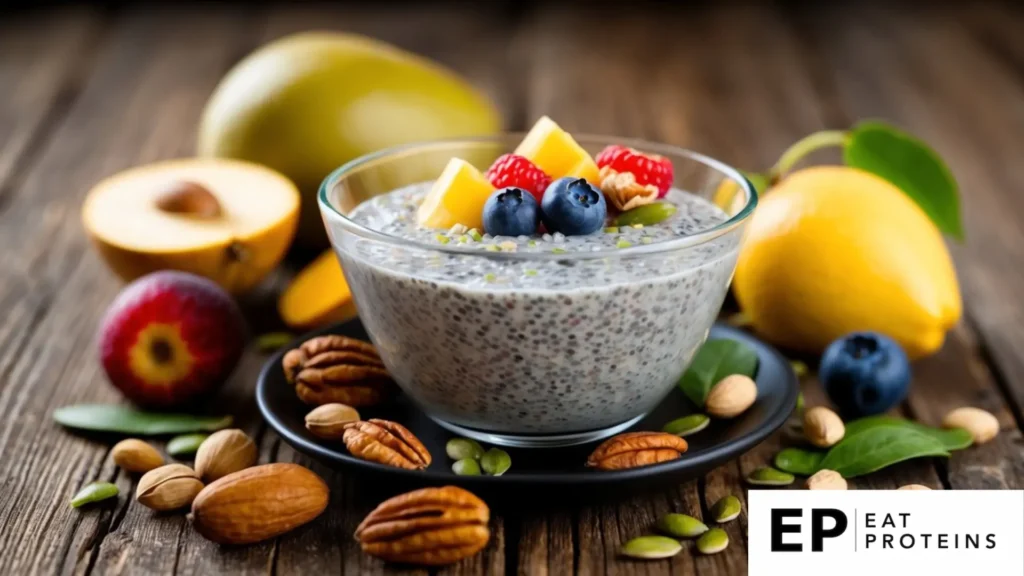 A bowl of chia seed pudding surrounded by fresh fruits, nuts, and seeds on a wooden table