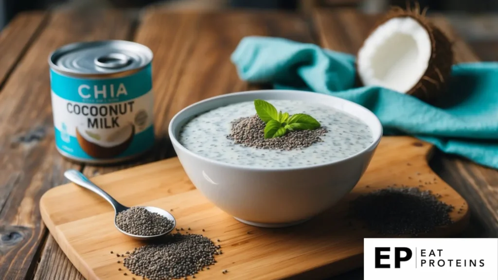 A bowl of chia seed pudding sits on a wooden table, surrounded by a can of coconut milk and a handful of chia seeds