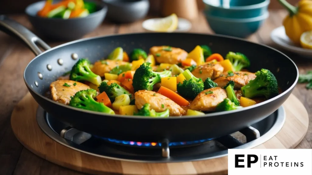 A sizzling pan of chicken and broccoli stir-fry with colorful vegetables and savory sauce