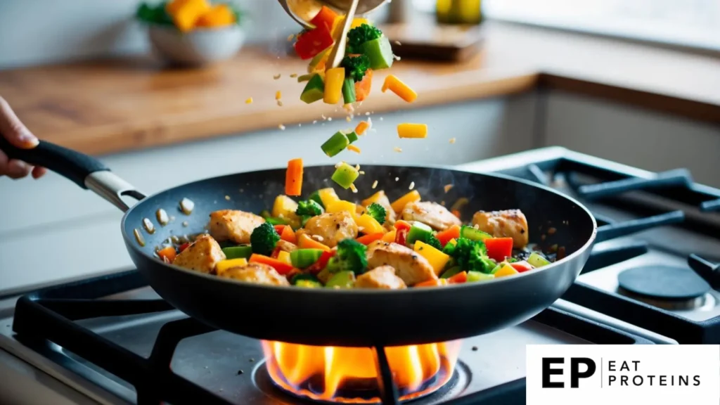 A sizzling skillet with colorful vegetables and tender pieces of chicken being tossed together over a hot flame