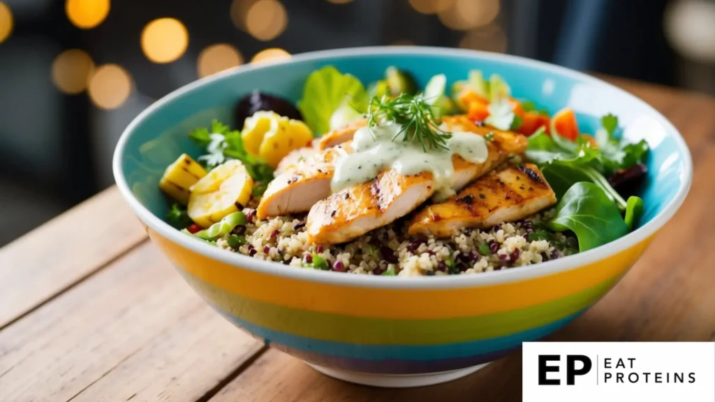 A colorful bowl filled with quinoa, grilled chicken, mixed greens, and assorted vegetables, topped with a light vinaigrette dressing