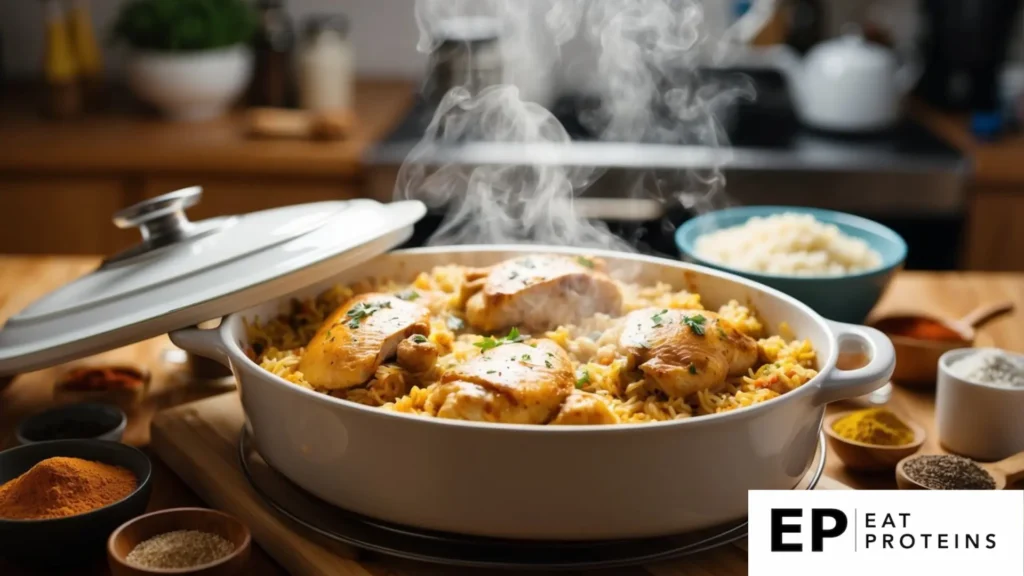 A steaming casserole dish filled with chicken and rice, surrounded by various ingredients and spices on a kitchen counter