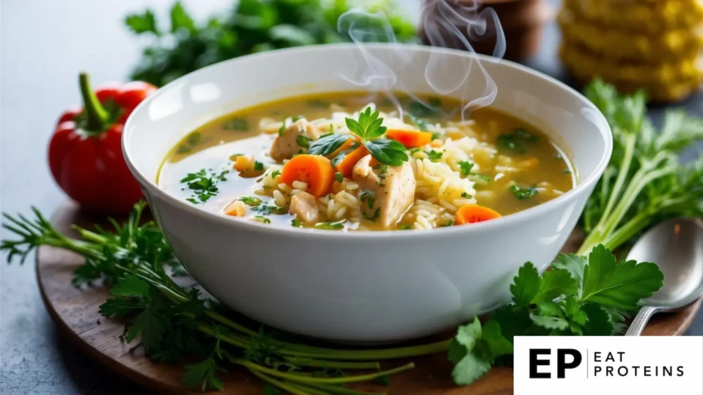 A steaming bowl of chicken and rice soup surrounded by fresh herbs and vegetables