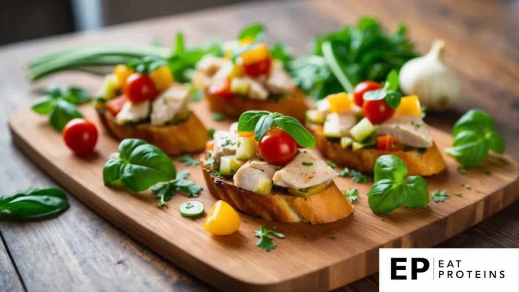 A plate of Chicken and Vegetable Bruschetta surrounded by fresh ingredients on a wooden cutting board